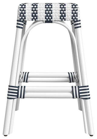 Company Robias Rectangular Rattan 24.5 Counter Stool, White and Navy Stripe