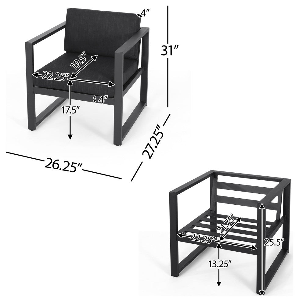 Noah Outdoor Aluminum Club Chair With Cushions, Black + Dark Gray, Set of 2
