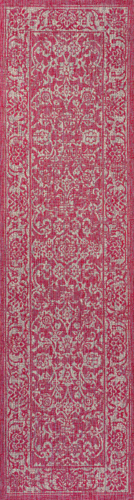 Tela Boho Textured Weave Floral Indoor/Outdoor Rug, Fuchsia/Light Gray, 2 X 8