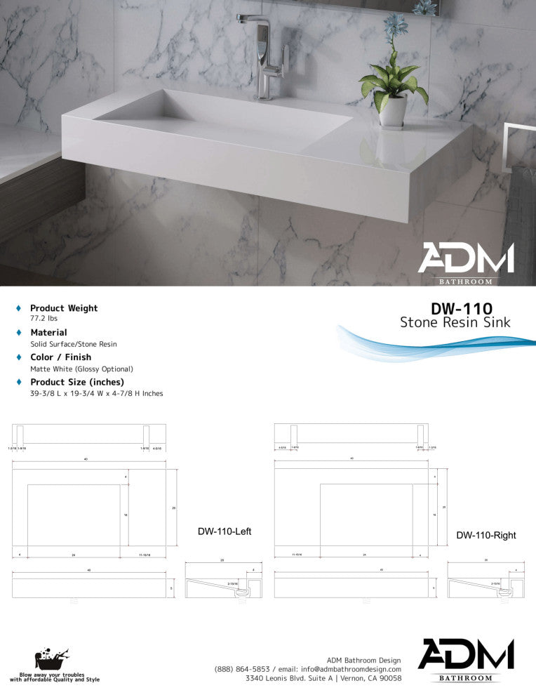 ADM Rectangular Wall Mounted Sink, White, 39", Glossy 23" Left