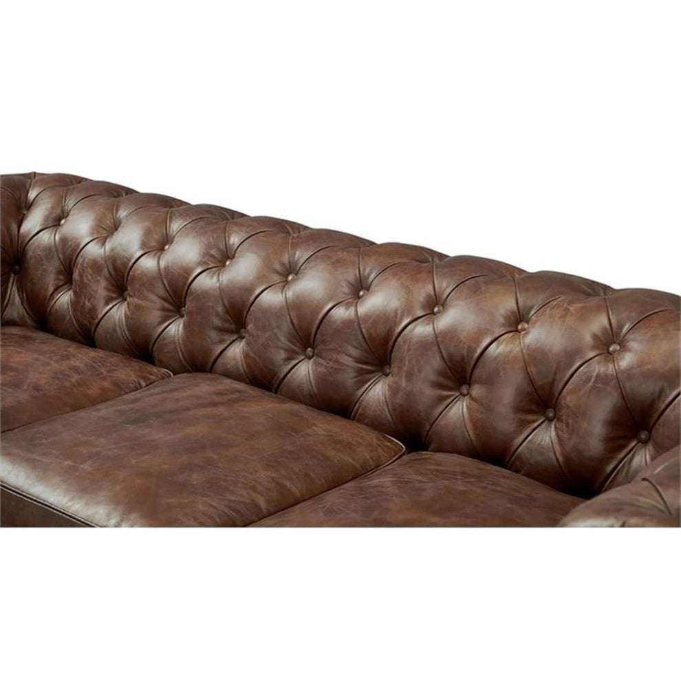 Crafters and Weavers Top Grain Vintage Leather Chesterfield Sofa Bark Brown