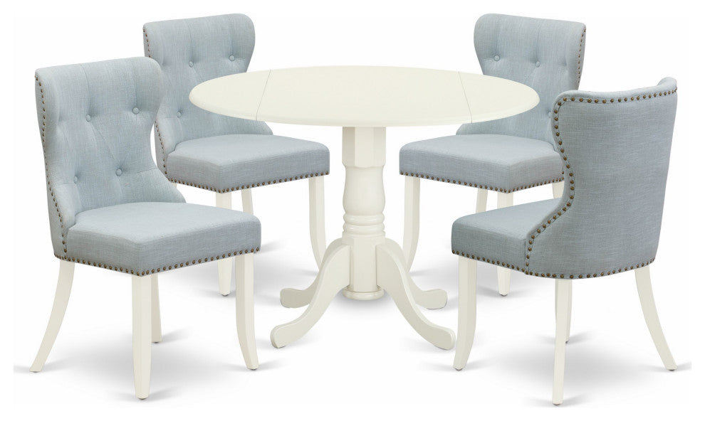 A Dining Set Of 4 Chairs, Baby Blue Color, Beautiful Table, Linen White Color