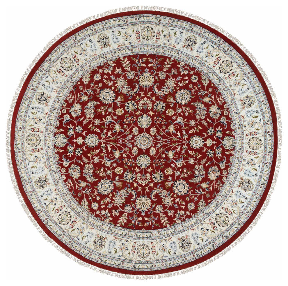 Cherry Red, Hand Knotted Nain, 250 KPSI Wool and Silk Round Rug, 9'1"x9'1"