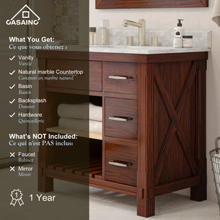 Freestanding Bath Vanity in Brown with White Carrara Marble Top, 36in