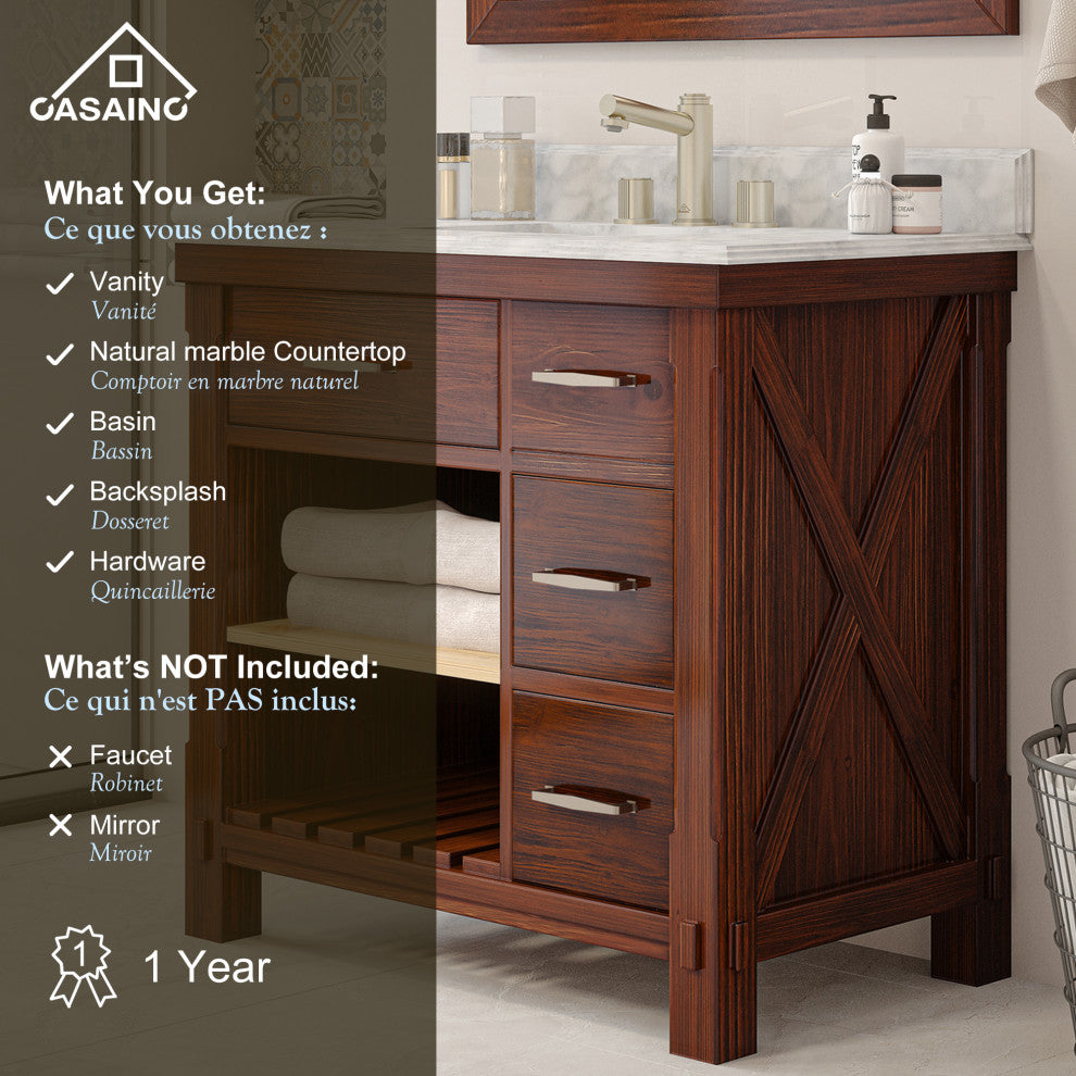 Freestanding Bath Vanity in Brown with White Carrara Marble Top, 36in