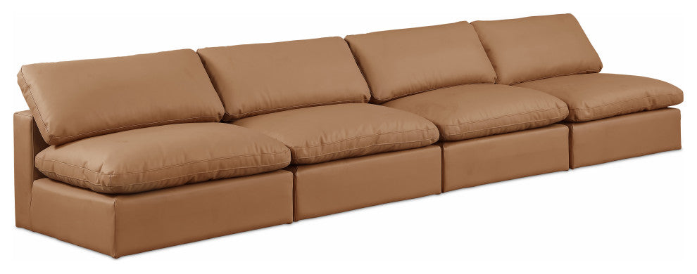 Comfy Upholstered Modular Sofa, Cognac, 4-Piece: 4 Armless Chair, Vegan Leather