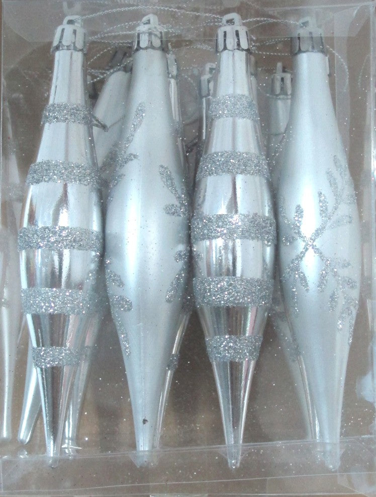 Silver Finial Ornament With Snowflake And Line Glitter Design