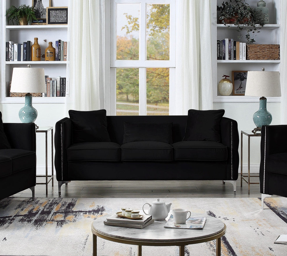 Bayberry Velvet Tufted Sofa Couch with 3 Pillows and Tufting, Black