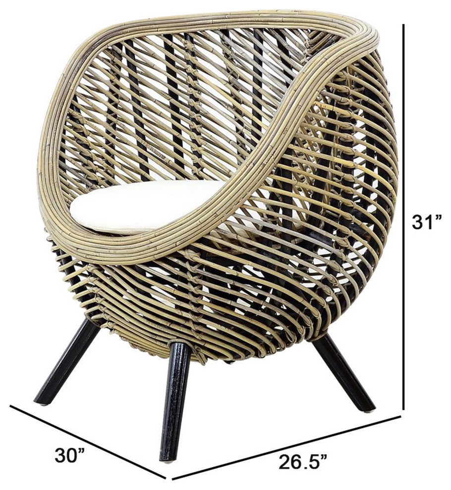 Benzara BM285199 27" Accent Chair, Rattan Frame, Curved Round, Brown, Black