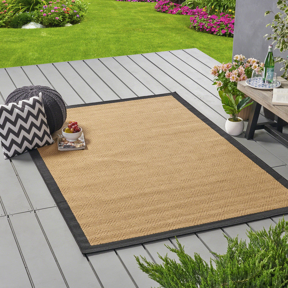 GDF Studio Darcey Outdoor Border  Area Rug, Beige and Black, 5'x8'