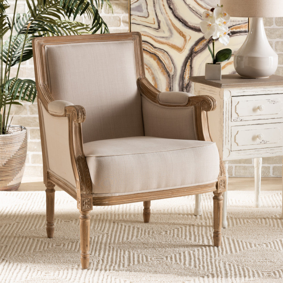 Baxton Studio Chavanon Wood & Light Beige Linen Traditional French Accent Chair