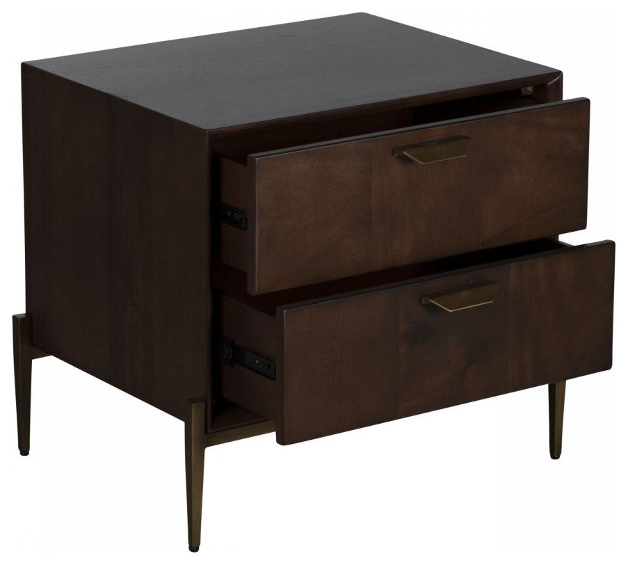 Modern Dark Mango Acacia and Brass Nightstand With Two Drawers