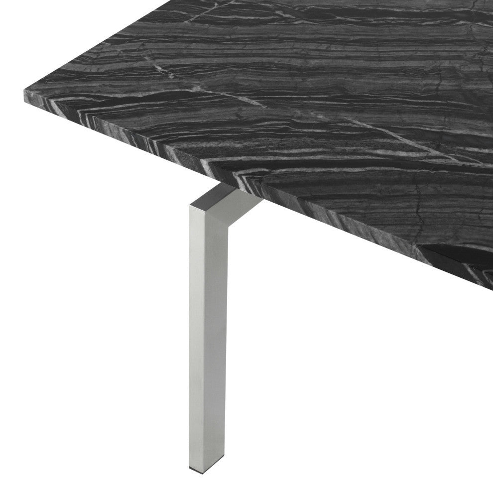 Louve Rectangle Coffee Table, Rectangular Black Marble Top, Brushed Steel Base