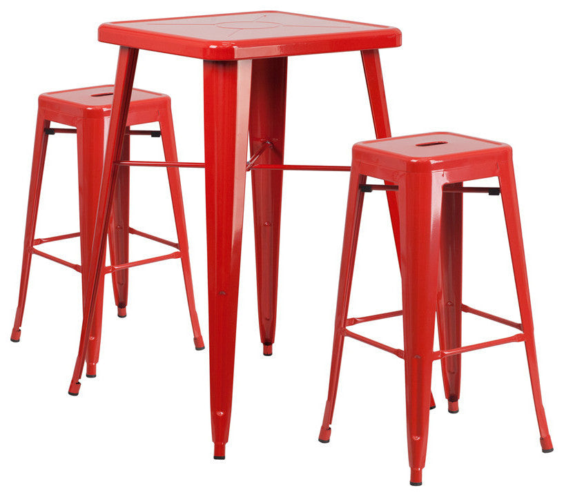 23.75" Square Red Metal Bar 3-Piece Table Set With 2 Square Seat Backless Stools