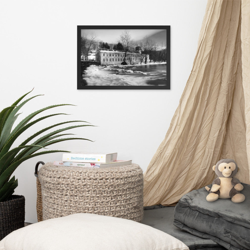 Winter at Powder Mill Rural Landscape Framed Photo Paper Wall Art Prints, Black, 12" X 18"