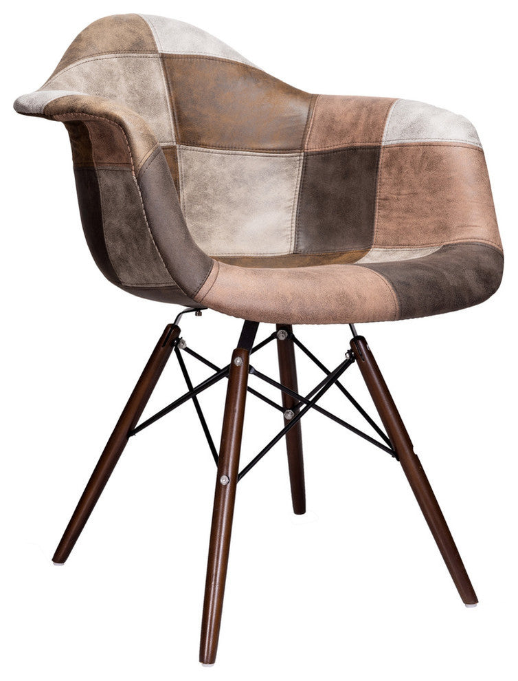 Patch Leatherette Fabric Upholstered DAW Arm Chair, Dark Walnut Leg, Brownwork