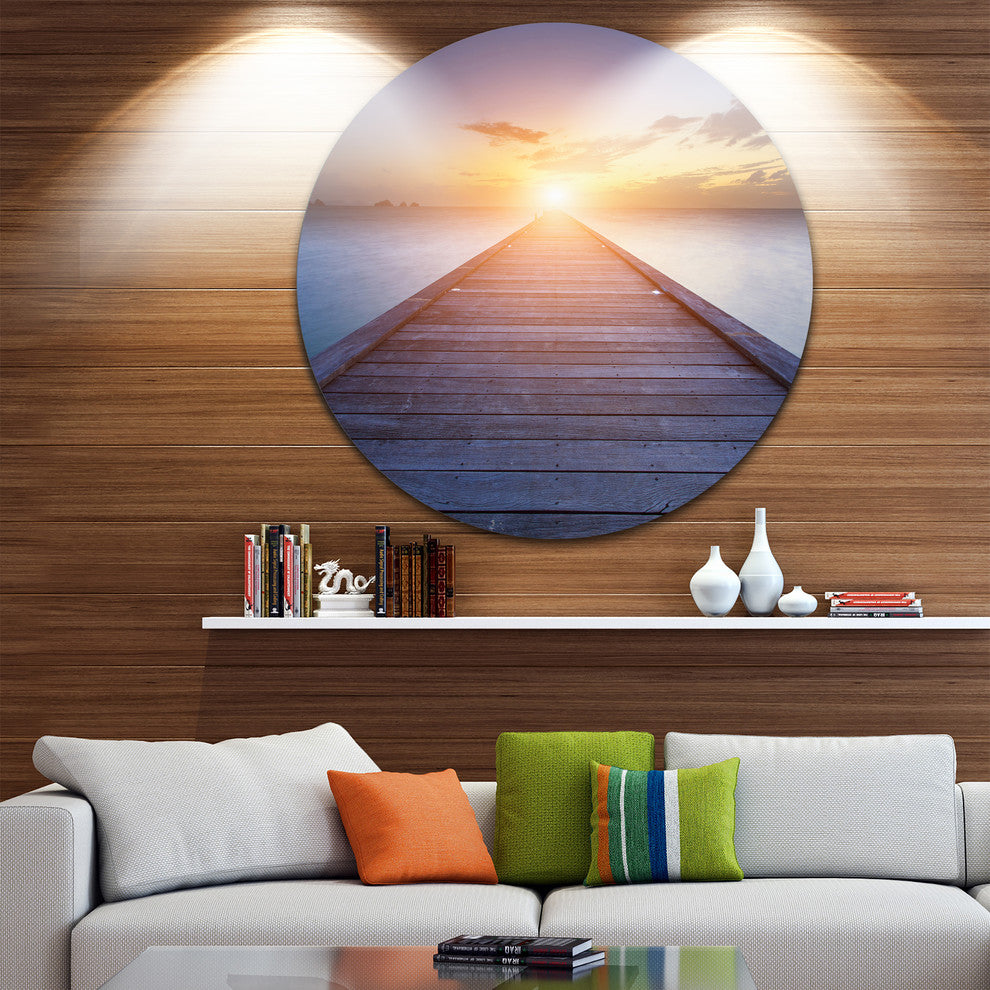 Wooden Pier To Bright Evening Sun, Sea Bridge Disc Metal Wall Art, 11"