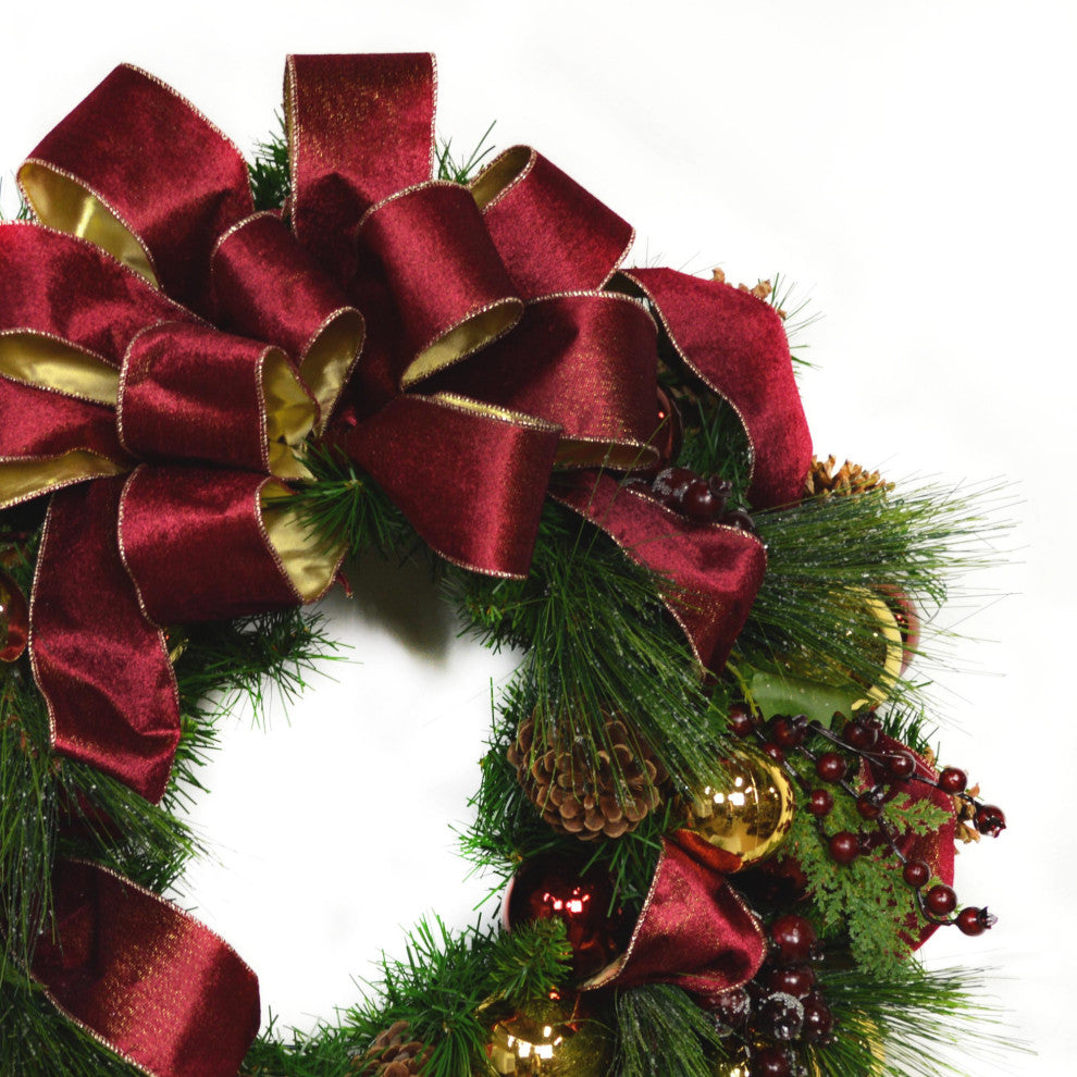 26" Evergreen Wreath with Berries, Pinecones, Ornaments and a Bow, Solid Burgundy and Gold
