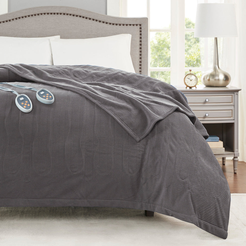 Beautyrest Knitted Micro Fleece Solid Textured Heated Blanket, Gray, King