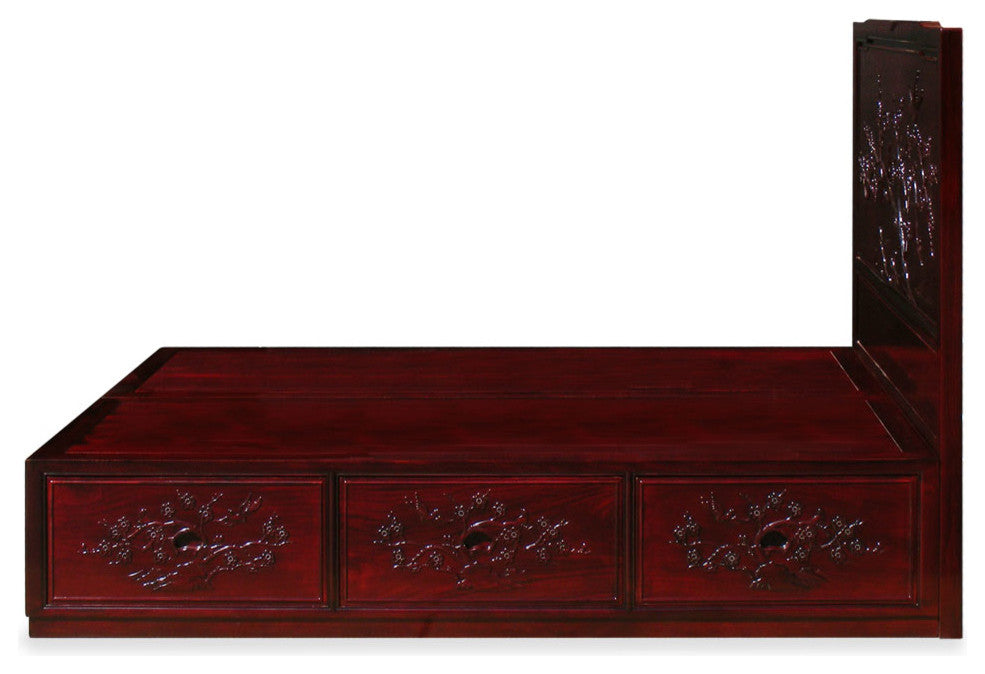 Dark Cherry Rosewood Flower  Bird Queen Size Oriental Platform Bed with Drawers