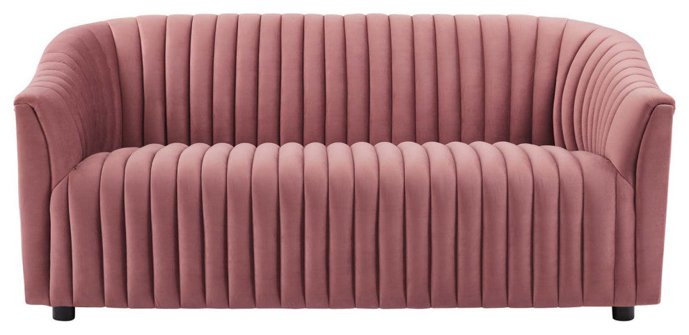 Tufted Loveseat Sofa, Pink, Velvet, Modern, Mid Century Hotel Lounge Cafe Lobby
