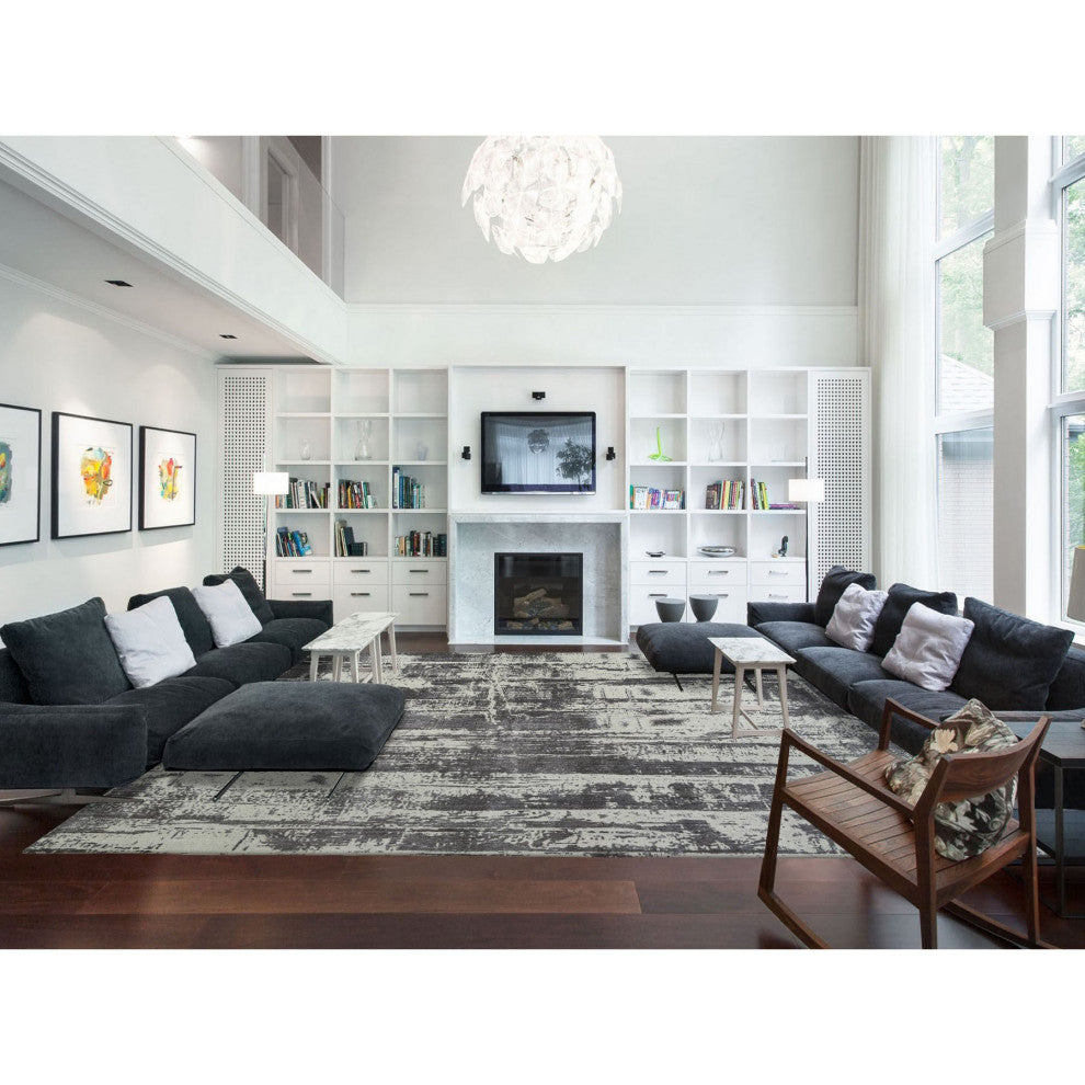 Black, Modern Design, Wool and Silk, Hand Loomed, Oversized, Rug, 12'0" x 15'0"