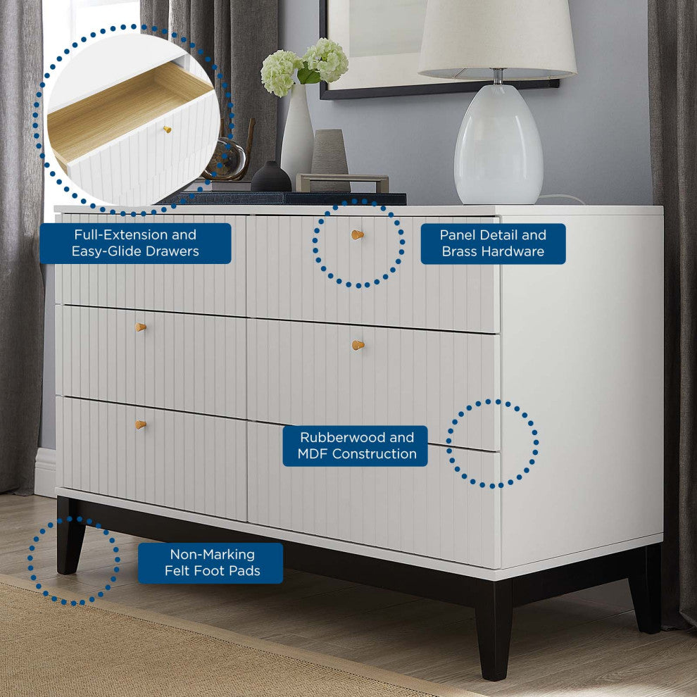 Dresser Drawer Chest Mirror Set, White, Wood, Modern, Mid Century Guest Suite