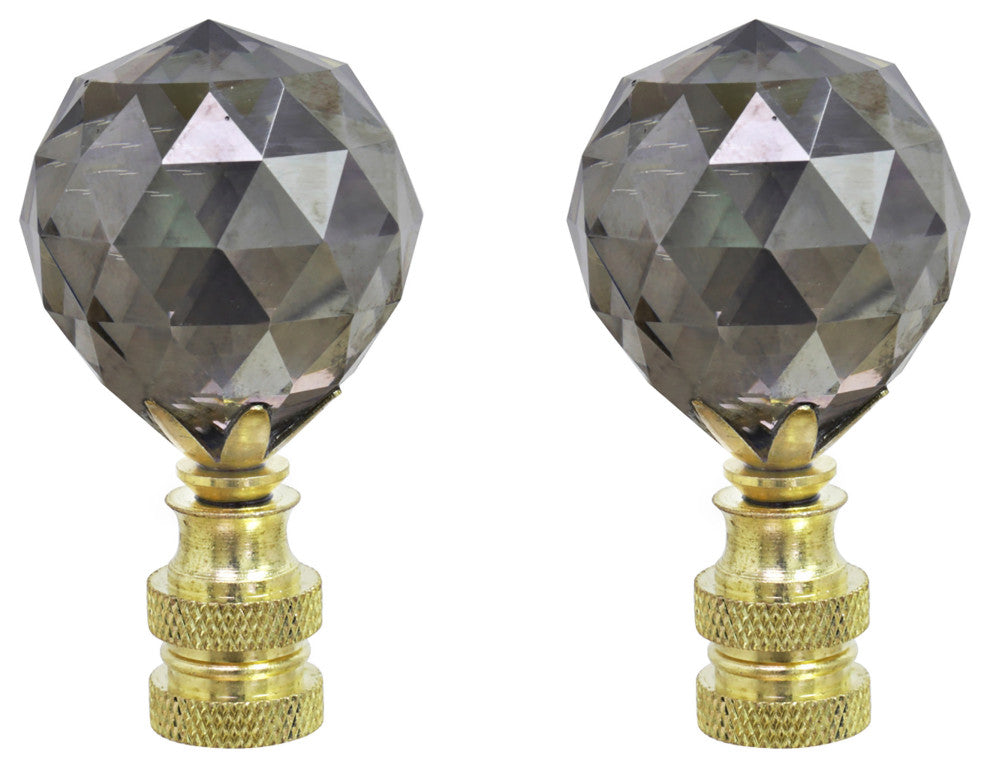 24007-42, 2 Pack Charcoal Grey Faceted Crystal Lamp Finial, Brass Plated Finish