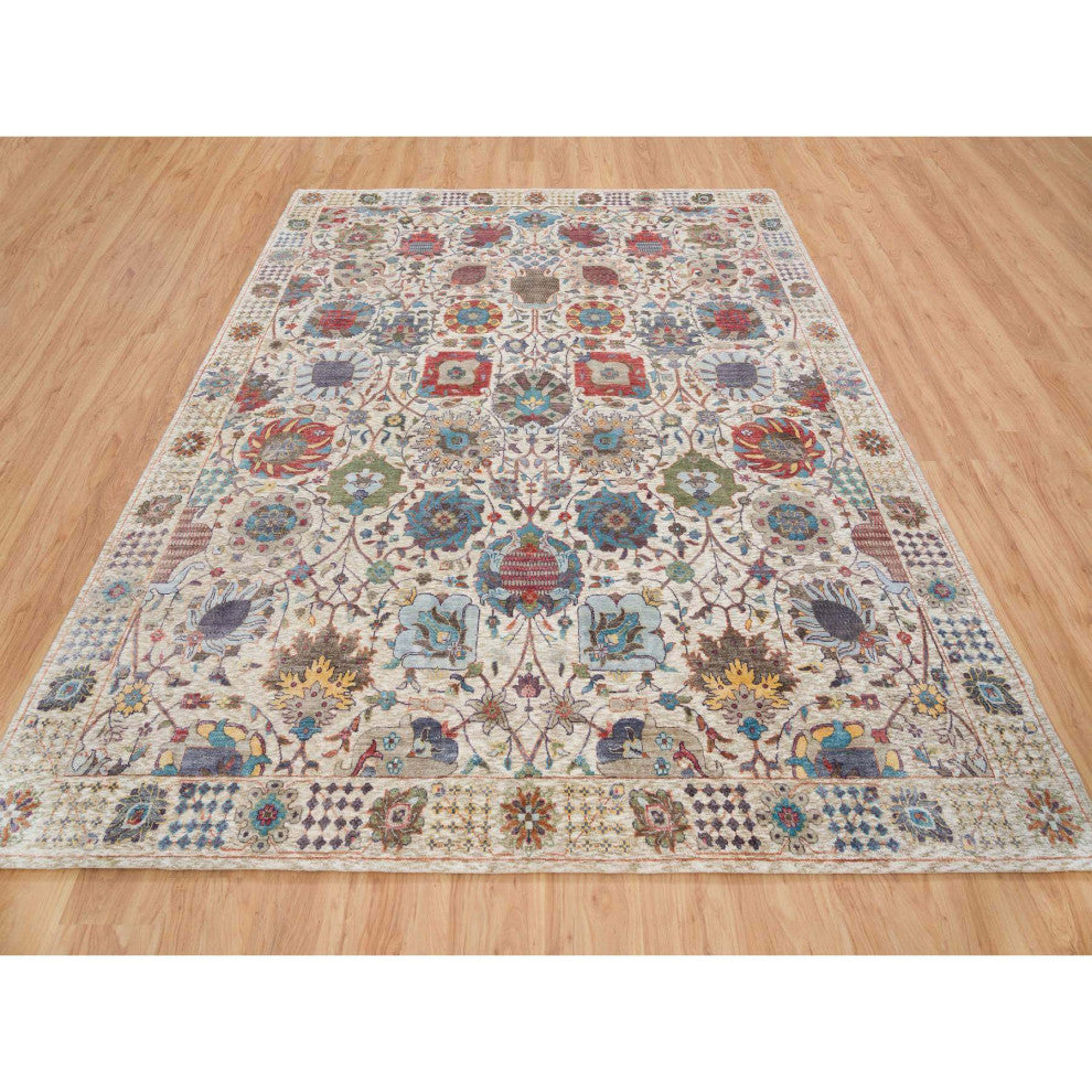 Ivory Hand Knotted Tabriz Vase With Flower Design Silk With Wool Rug 8'3"x10'3"