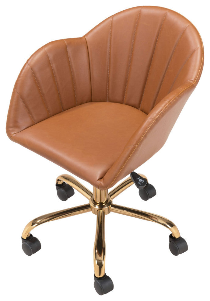 Computer Work Chair, Faux Vinyl Leather, Steel, Tan, Gold, Home Business Office