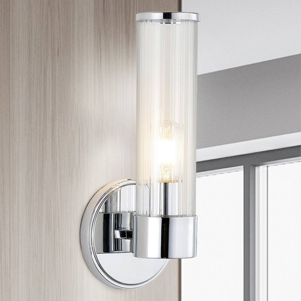 Cecil Tall Cylinder Iron/Striped Glass Modern LED Vanity, Chrome, 1-Light