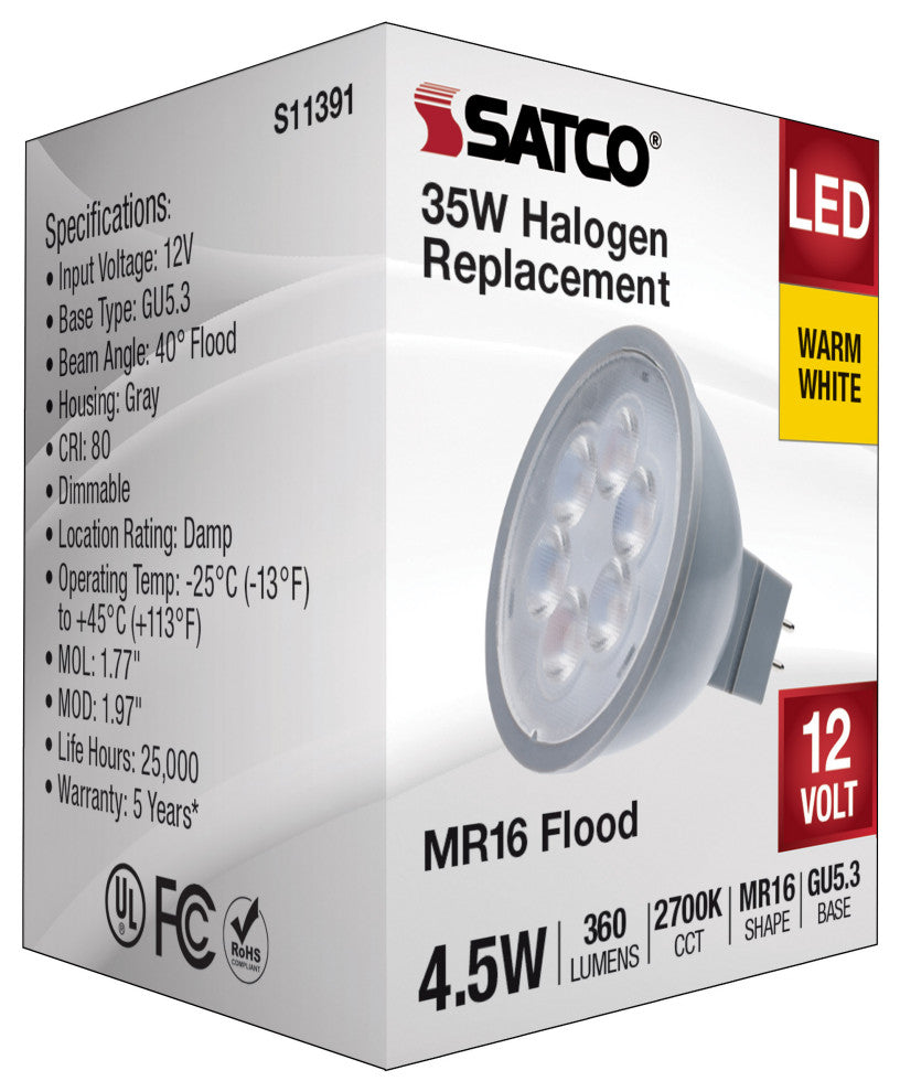 4.5W MR16 LED, Silver Finish, 2700K, GU5.3 Base, 360 Lumens, 12V