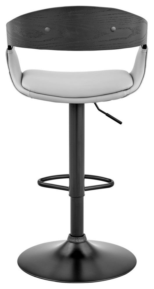 Benson Adjustable Faux Leather and Wood Bar Stool With Metal Base, Gray and Blac