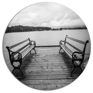 Benches On Bridge By Water Side, Bridge Disc Metal Artwork, 23"