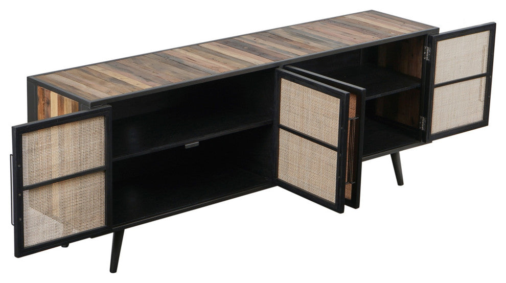 Natural Boat Wood and Rattan TV Dresser With 4 Doors