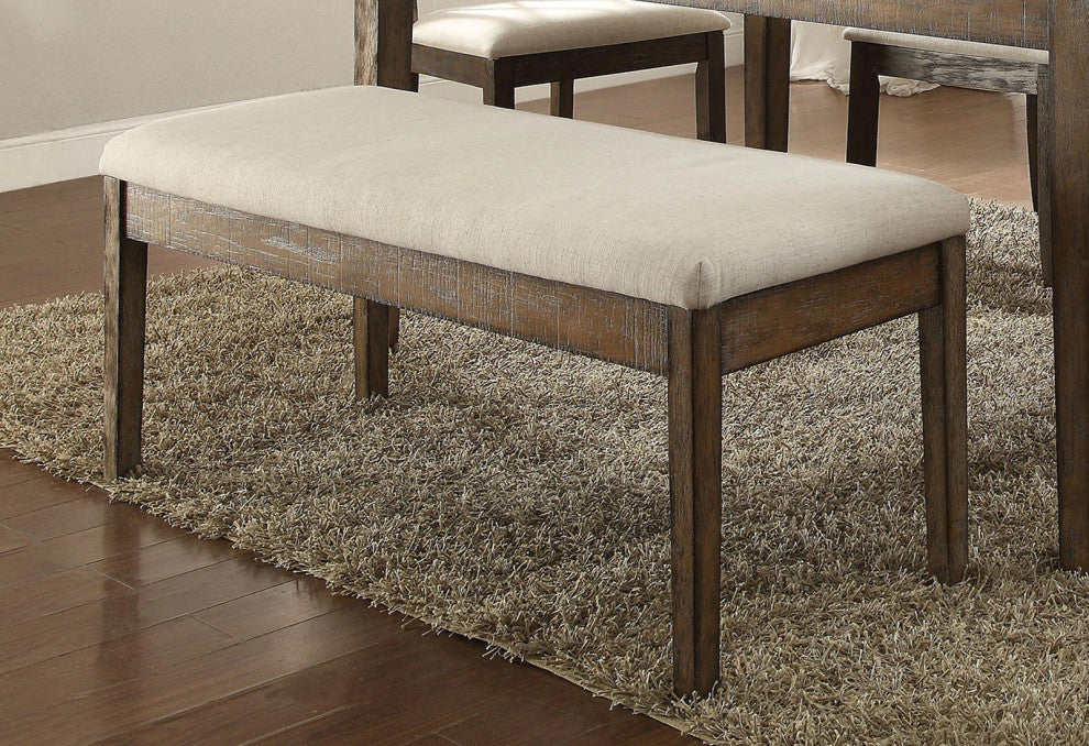 Beige Linen Dining Bench, Salvage Brown Finish