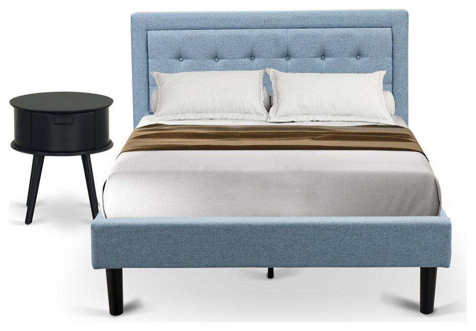 2-PiecePlatform Full Size Bed Set, 1 Bed Frame, Night Stand, Denim Blue