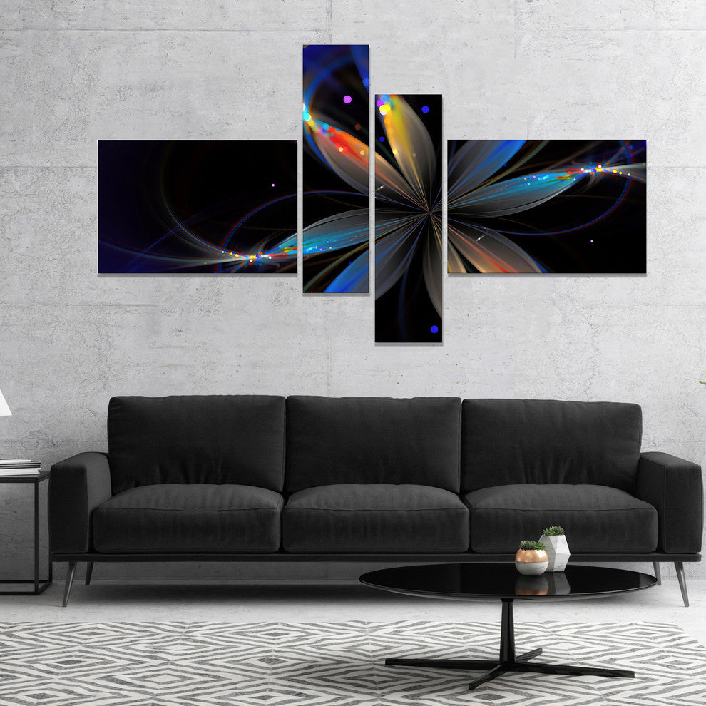 Abstract Fractal Flower on Black, Floral Canvas Art Print, 60"x32", 4 panels