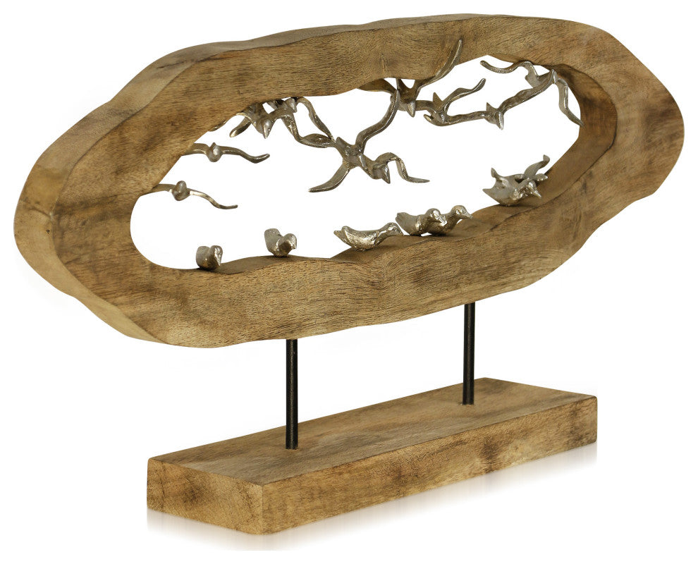 Gull Crevasse, Carved Wood Table Top Decor With Pewter Painted Flock of Birds