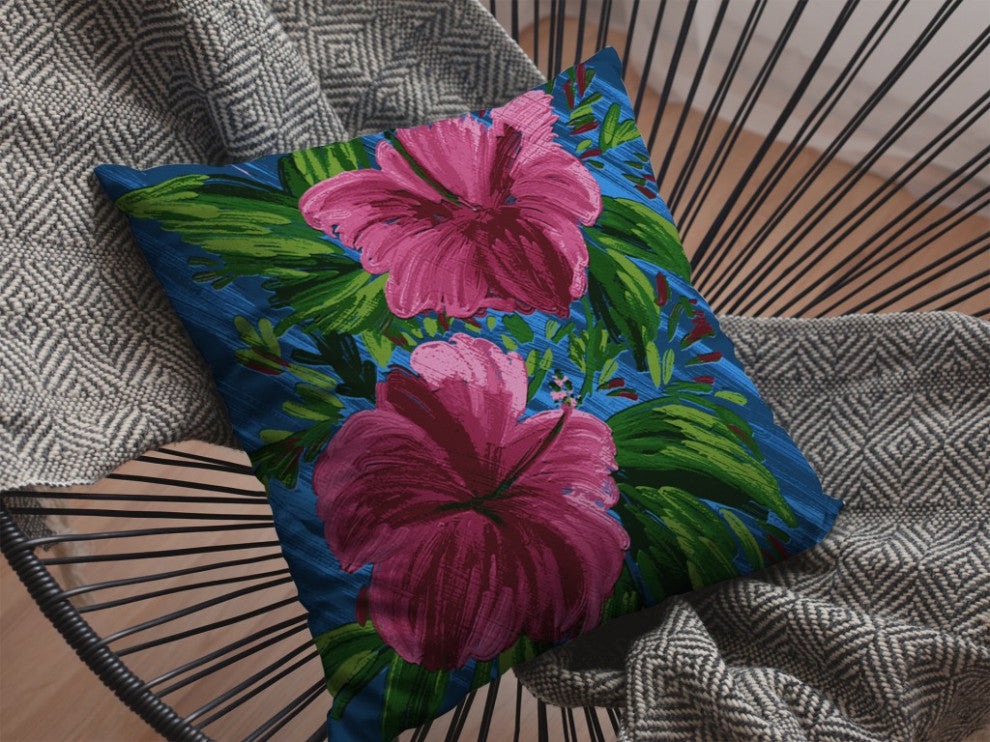 20 Pink Blue Hibiscus Suede Decorative Throw Pillow
