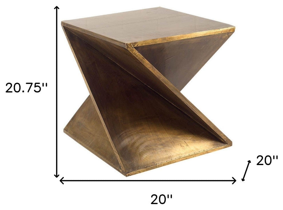 21" Brass Clad Distressed Wood Abstract End Table