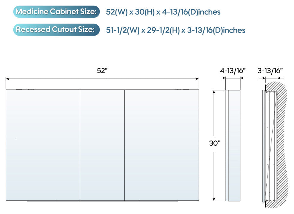 Recessed/Surface Mount Bathroom Medicine Cabinet, Reverse Installation, 52"x30"