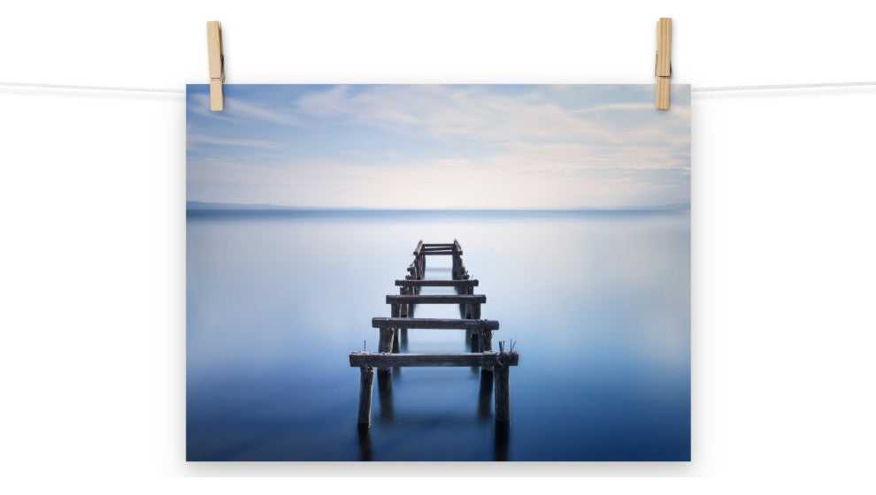 Soft Blue Lake and Abandoned Pier Landscape Photo Loose Wall Art Prints, 12" X 16"