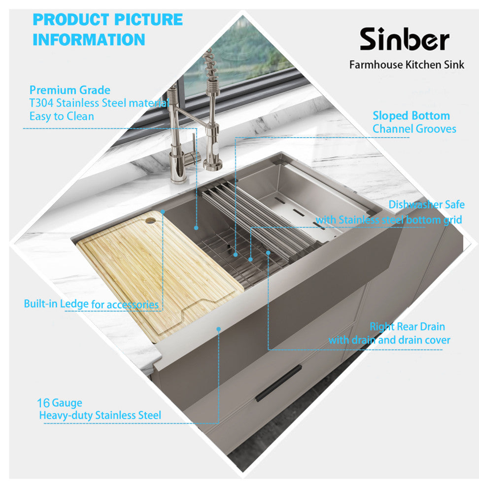Sinber Single Bowl Kitchen Sink with 304 Stainless Steel Satin Finish, 33"x20" Workstation, Apron/Farmhouse