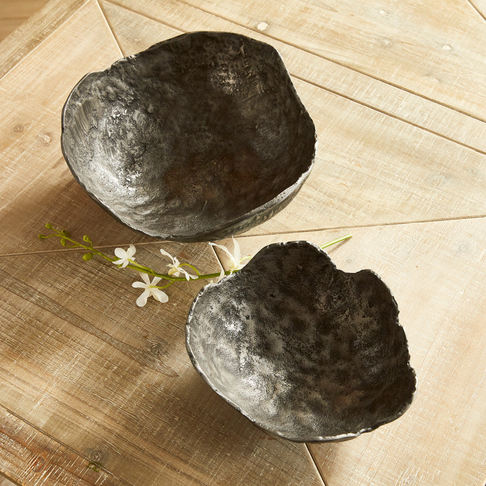 Set of 2 Free Form Dark Gray Decorative Bowls Organic Shape Modern Metal Round