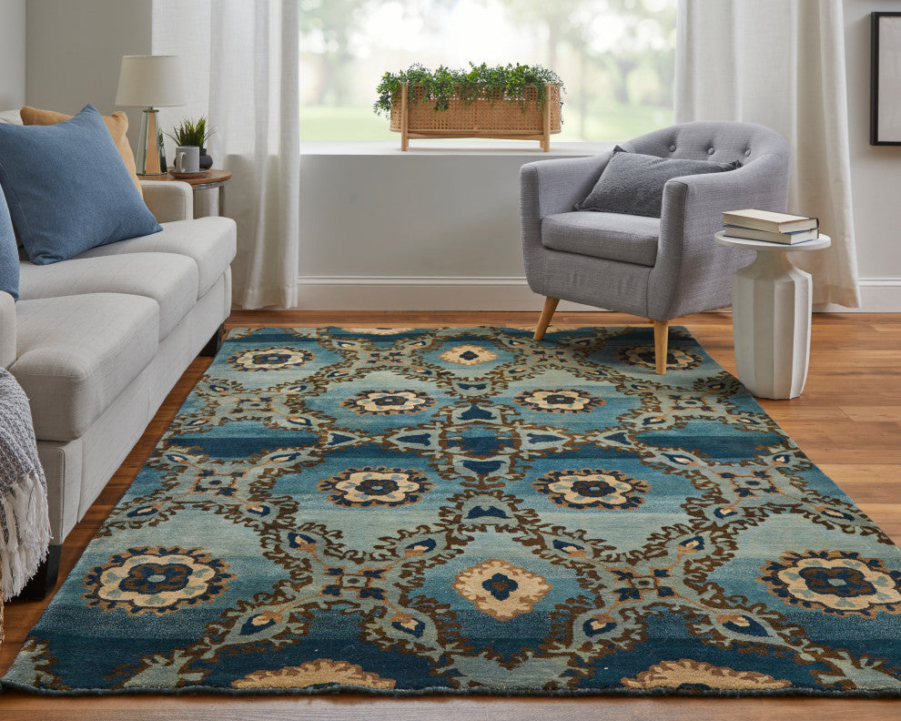 Weave & Wander Amzad Hand Knotted Gradient Wool Rug, Blue/Brown, 5'6"x8'6"