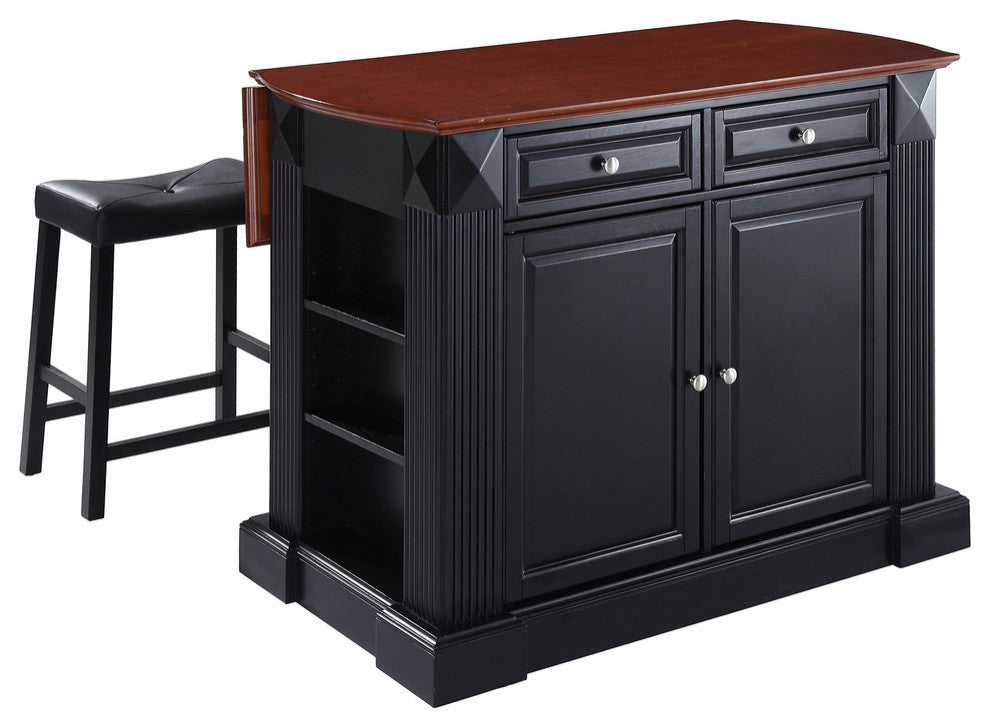 Drop Leaf Breakfast Kitchen Island, Black, 24" Black Upholstered Saddle Stools