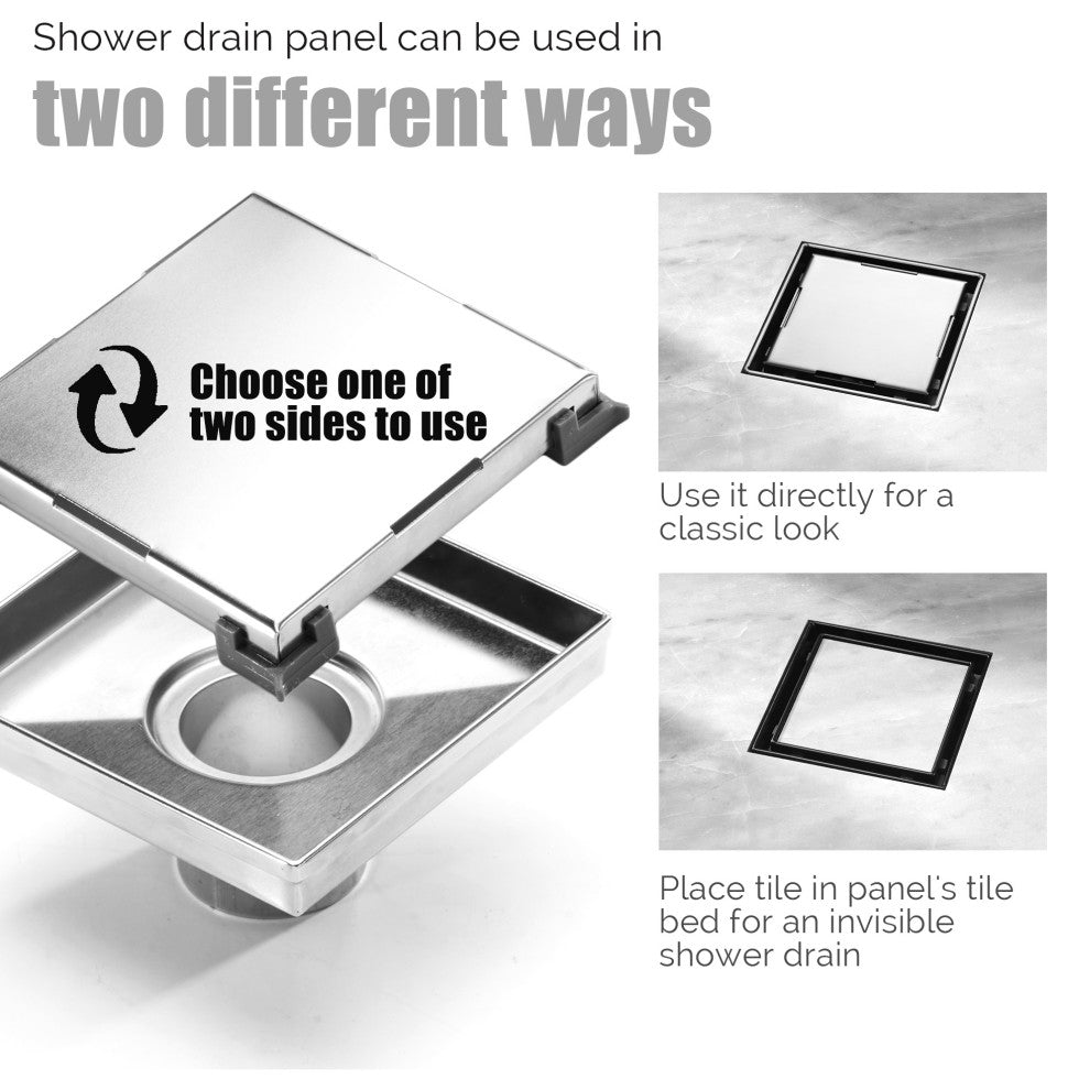 HEATGENE Square Shower Drain With Flat Cover With Base Flange, Brush, 6"