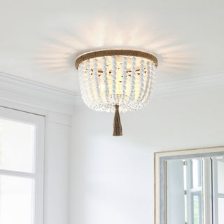 12.6" W 3-Light Bohemia Antique White Wood Beaded Flush Mount Ceiling Light