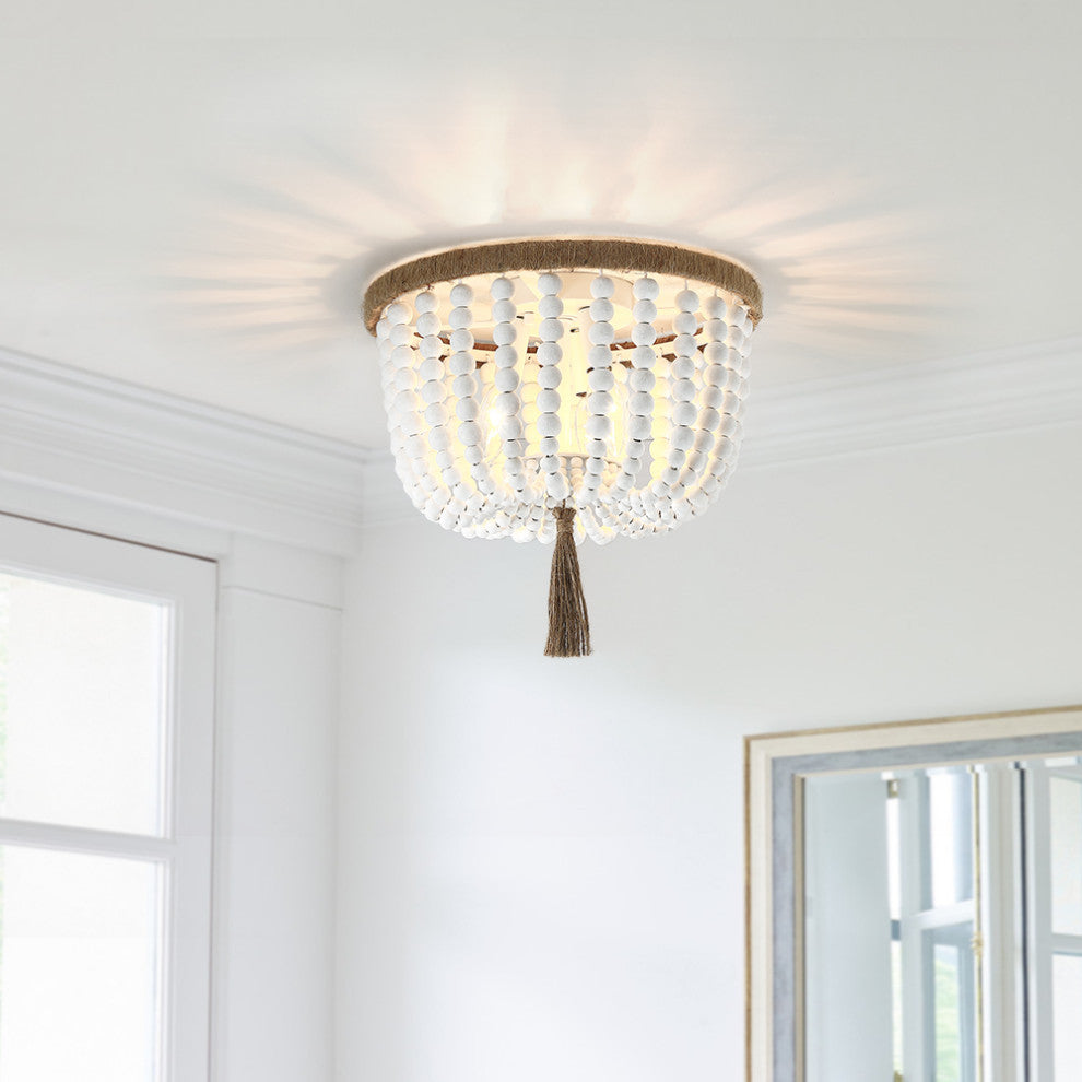 12.6" W 3-Light Bohemia Antique White Wood Beaded Flush Mount Ceiling Light